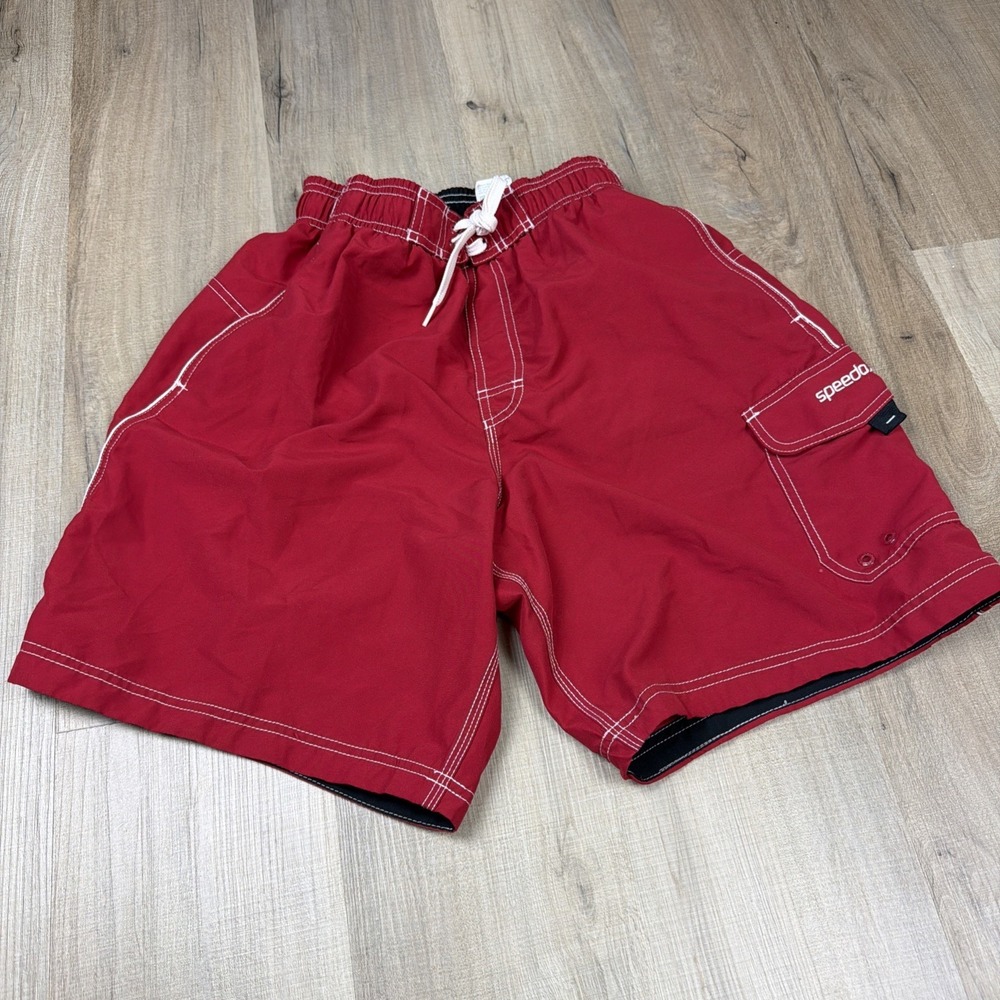 Speedo Swim Trunks Mens Medium Red Board Shorts Drawstring Lined Beach Surf